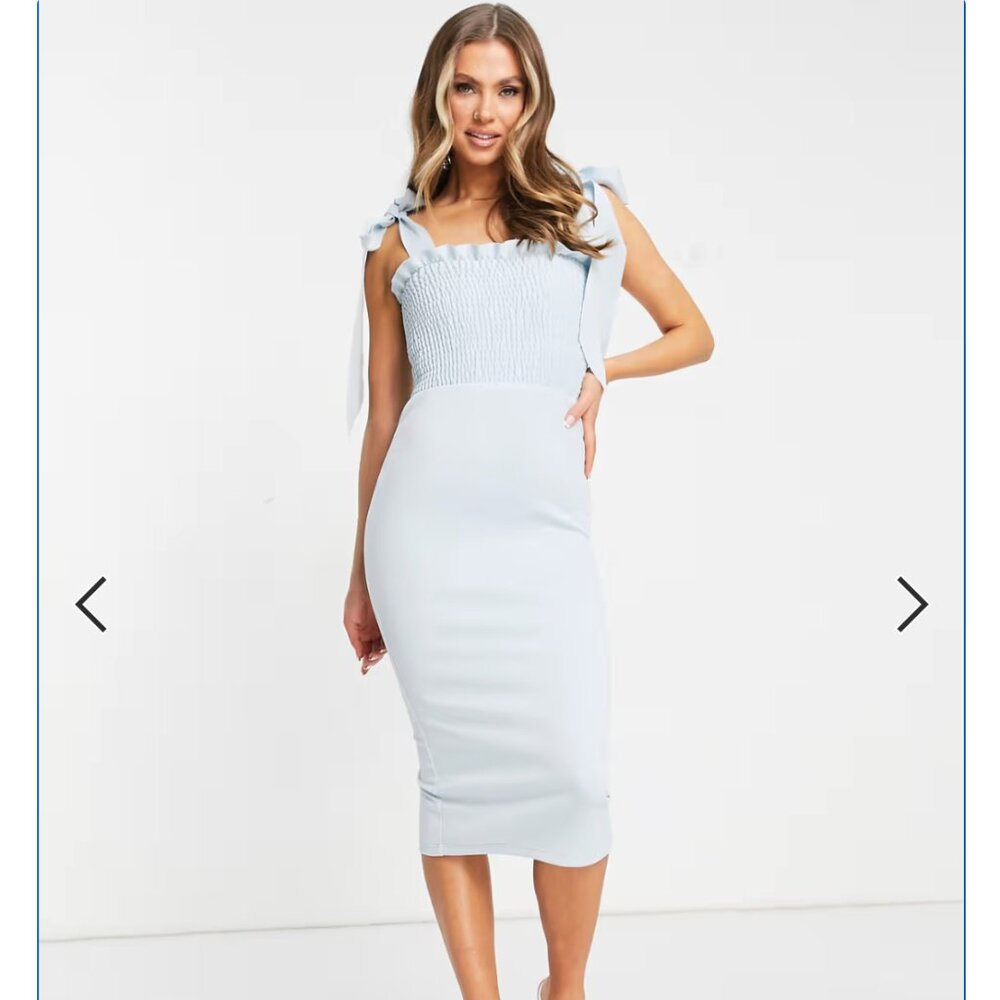 ASOS DESIGN shirred bunny tie pencil midi dress in dusty blue